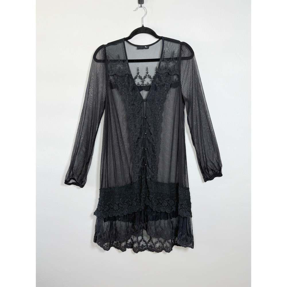 Ryu Sheer Lace Mesh Tunic Top Women L Black Goth Romantic Whimsigoth Duster
